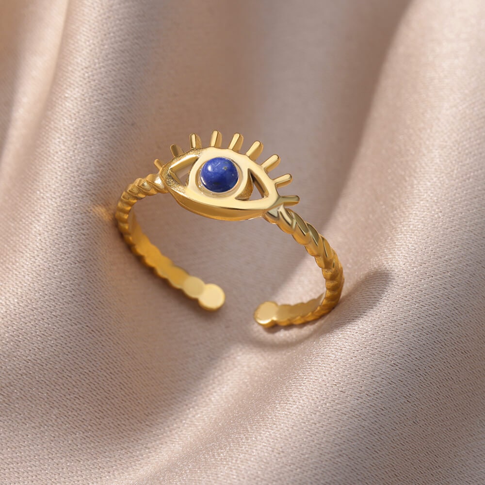 Evil Eye Ring, 18K Gold Evil Eye Ring, Evil Eye Blue Moonstone Ring, Gothic Delicate Minimalist Ring for Women, Punk Handmade, Gift for Her