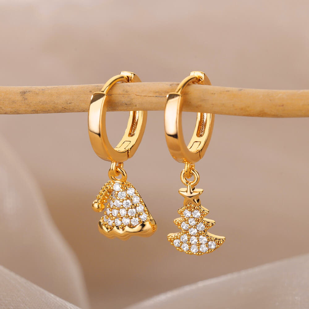 18K Gold Plated Handmade Christmas Tree Earrings, Holidays Christmas Tree Dainty Cubic Zirconia Hoop Earring, Gift for Her