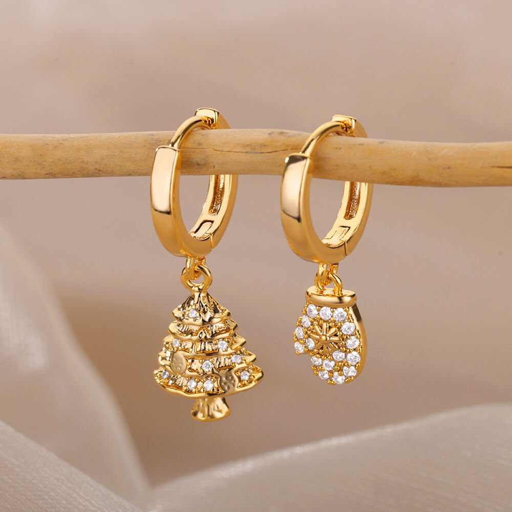 18K Gold Plated Handmade Christmas Tree Earrings, Holidays Christmas Tree Mittens Dainty Cubic Zirconia Hoop Earring, Gift for Her
