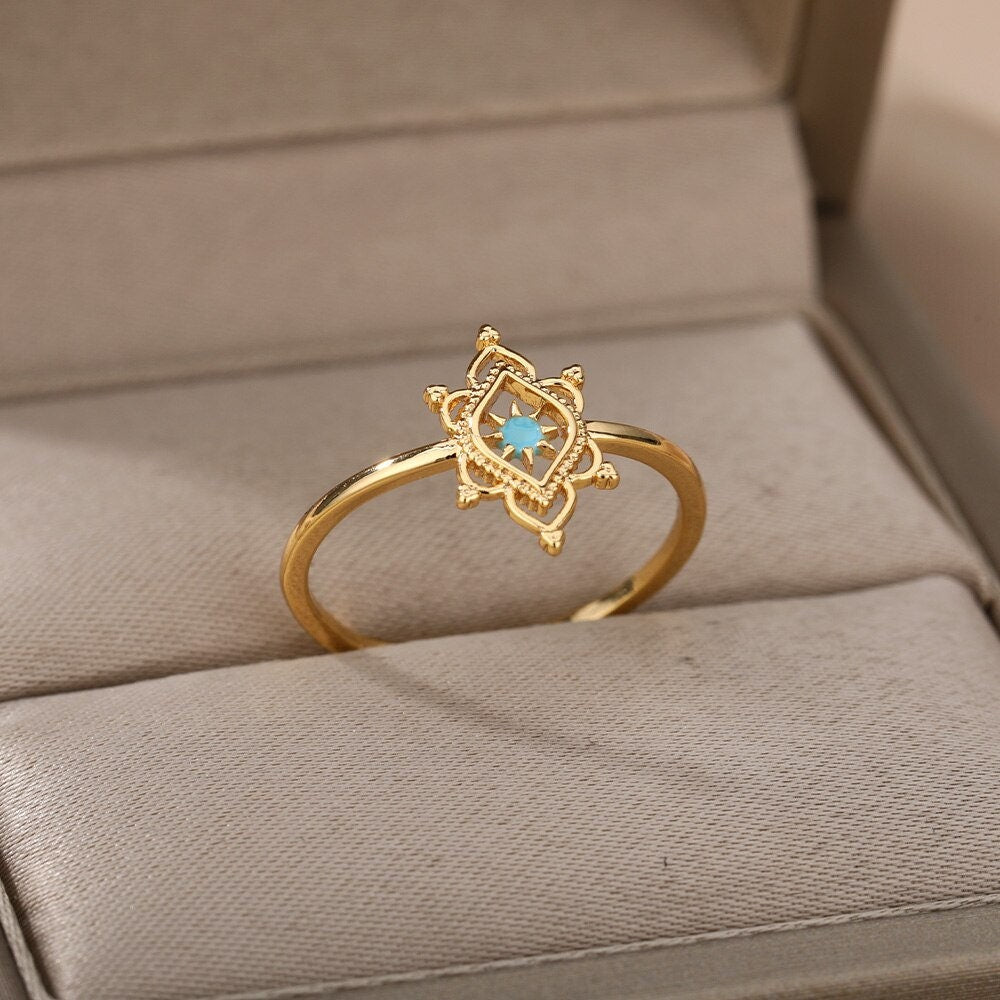Gold Henna Lotus Ring, 18K Gold Henna Ring, Henna Lotus Flower Opal Ring, Dainty Minimalist Jewelry for Women, Gift for Her