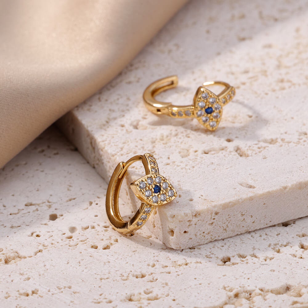 Crystal Evil Eye Earrings, Gold Evil Eye Earrings, 18K Gold Everyday Earrings, Dainty Minimalist, Punk Gothic for Women, Gift for Her