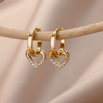Gold Heart Hoop Earrings, Heart Dangle Earrings, 18K Gold Everyday Earrings, Dainty Minimalist, Cute Delicate for Women, Gift for Her