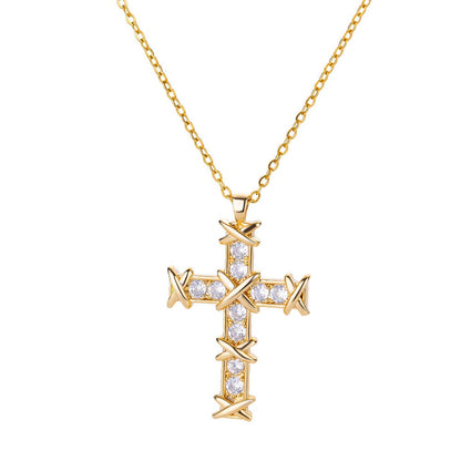 Gold Jesus Thorns Cross Necklace, 18K Gold Cross Cubic Zirconia Pendant, Christian Cross, Religious Catholic Jewelry for Women, Gift for Her