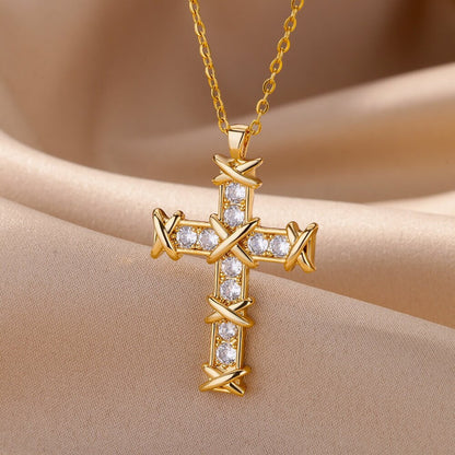 Gold Jesus Thorns Cross Necklace, 18K Gold Cross Cubic Zirconia Pendant, Christian Cross, Religious Catholic Jewelry for Women, Gift for Her