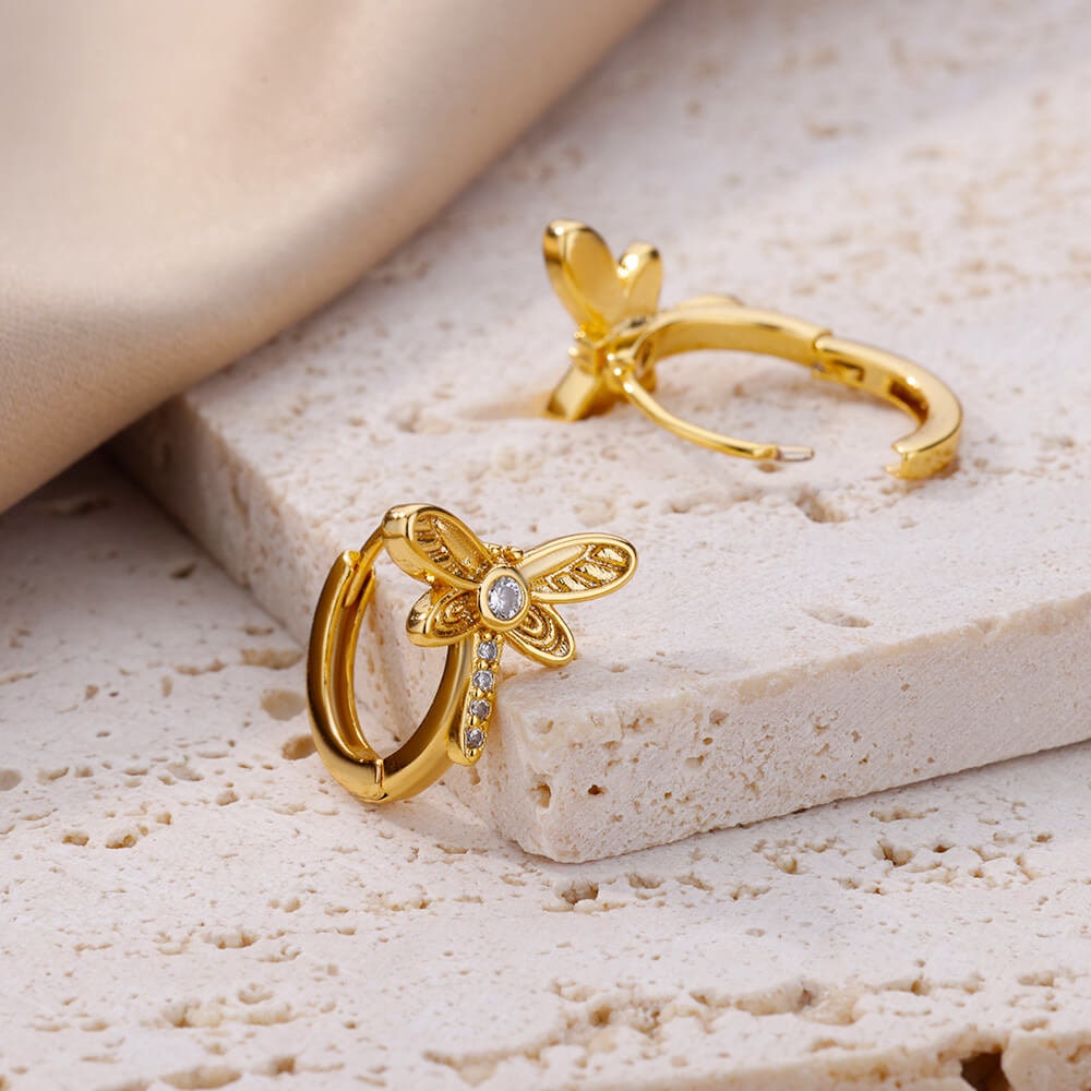 Dragonfly Cubic Zirconia Earrings, Dragonfly Crystal Stud Earrings, 18K Gold Earrings, Dainty Minimalist, Delicate for Women, Gift for Her