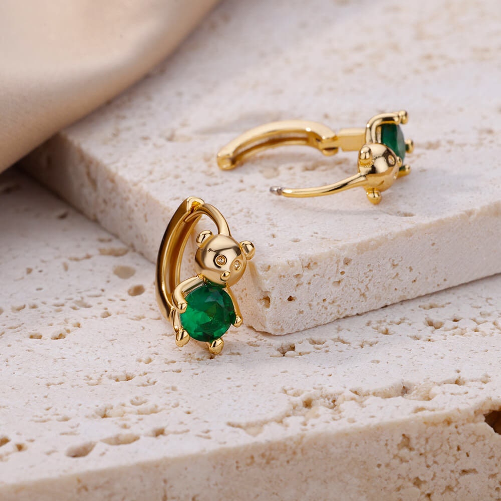 Panda Green Cubic Zirconia Earrings, Panda Bear Crystal Stud Earrings, 18K Gold Earrings, Dainty Minimalist, Delicate Women, Gift for Her