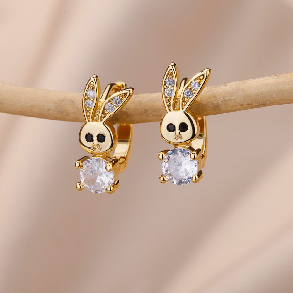 Bunny Rabbit Cubic Zirconia Earrings, Rabbit Crystal Hoop Earrings, 18K Gold Earrings, Dainty Minimalist, Delicate Women, Gift for Her