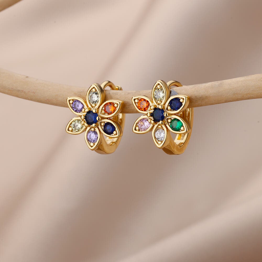 Lotus Flower Multicolor Cubic Zirconia Stud Earrings, Lotus Hoop Earrings, 18K Gold Earrings, Dainty Minimalist for Women, Gift for Her