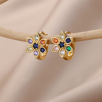 Lotus Flower Multicolor Cubic Zirconia Stud Earrings, Lotus Hoop Earrings, 18K Gold Earrings, Dainty Minimalist for Women, Gift for Her