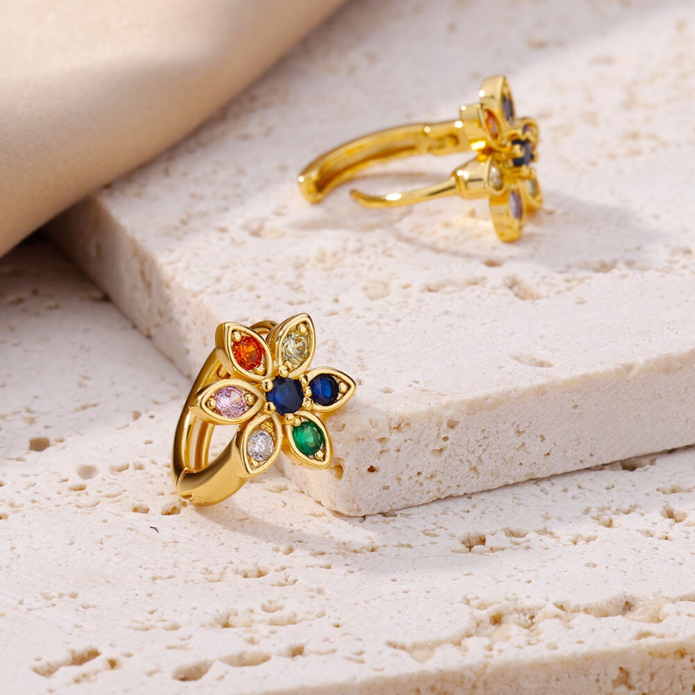 Lotus Flower Multicolor Cubic Zirconia Stud Earrings, Lotus Hoop Earrings, 18K Gold Earrings, Dainty Minimalist for Women, Gift for Her