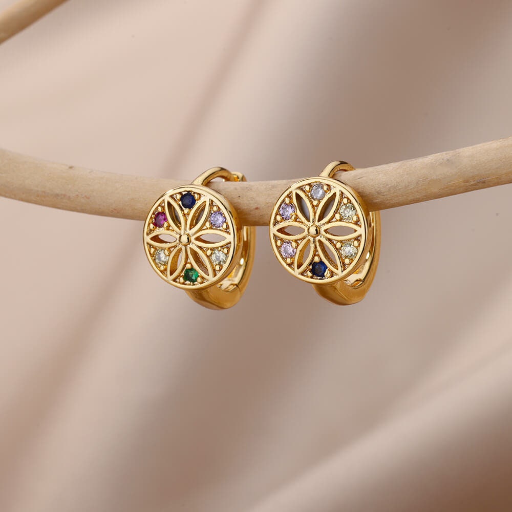 Flower Coin Multicolor Cubic Zirconia Stud Earrings, Flower Hoop Earrings, 18K Gold Earrings, Dainty Minimalist for Women, Gift for Her
