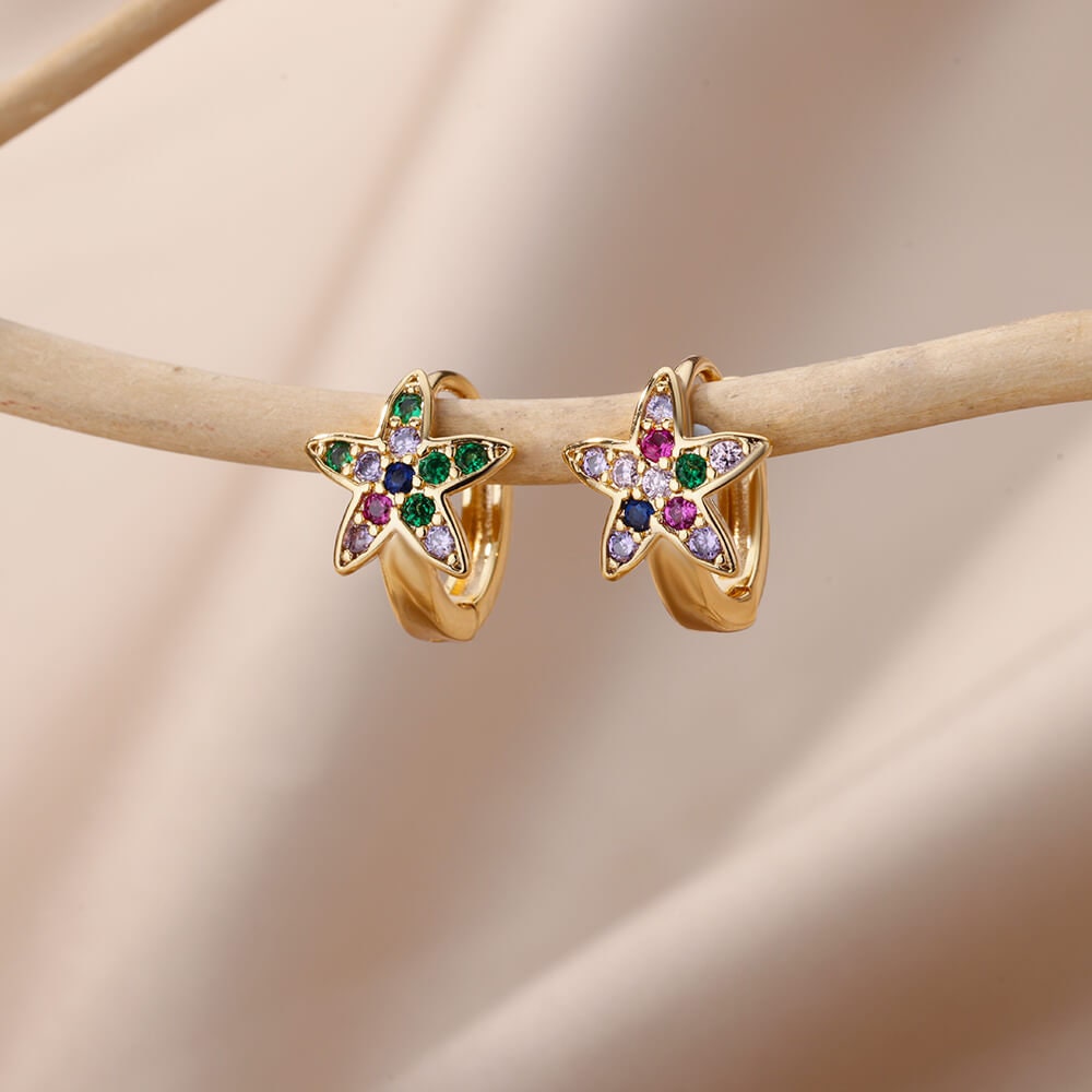 Star Multicolor Cubic Zirconia Stud Earrings, Star Hoop Earrings, 18K Gold Earrings, Dainty Minimalist for Women, Gift for Her