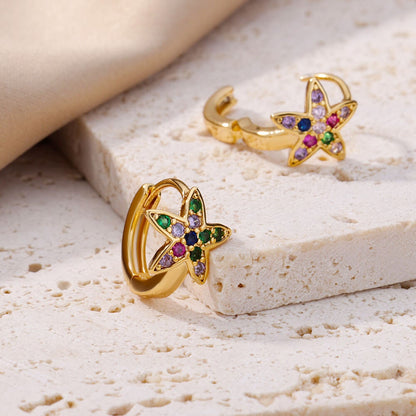 Star Multicolor Cubic Zirconia Stud Earrings, Star Hoop Earrings, 18K Gold Earrings, Dainty Minimalist for Women, Gift for Her