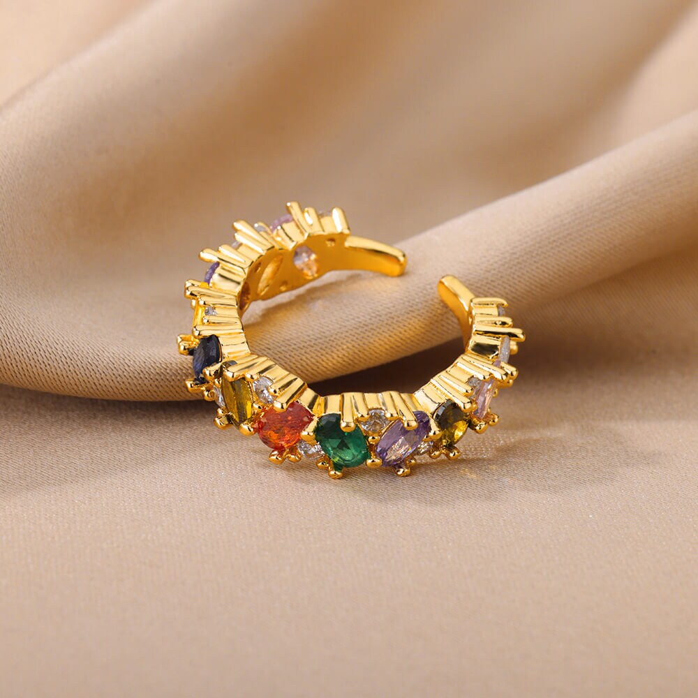Multicolor Crystal Ring, Punk Crystal Geometric Ring, 18K Gold Stackable, Dainty Minimalist Jewelry, Boho Delicate for Women, Gift for Her