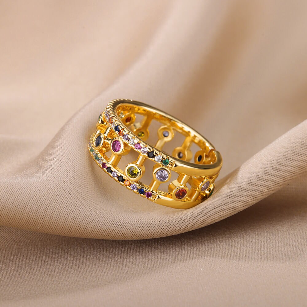 Multicolor Crystal Ring, Punk Crystal Geometric Band Ring, 18K Gold Stackable, Dainty Minimalist Jewelry, Delicate for Women, Gift for Her