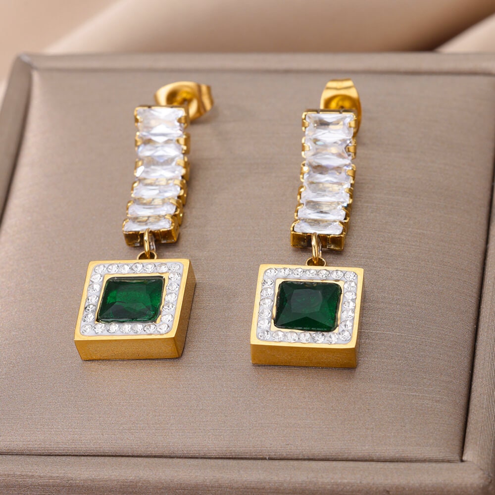 Cubic Zirconia Green Square Drop Earrings, 18K Gold Earrings, Dainty Minimalist Jewelry, Gift for Her