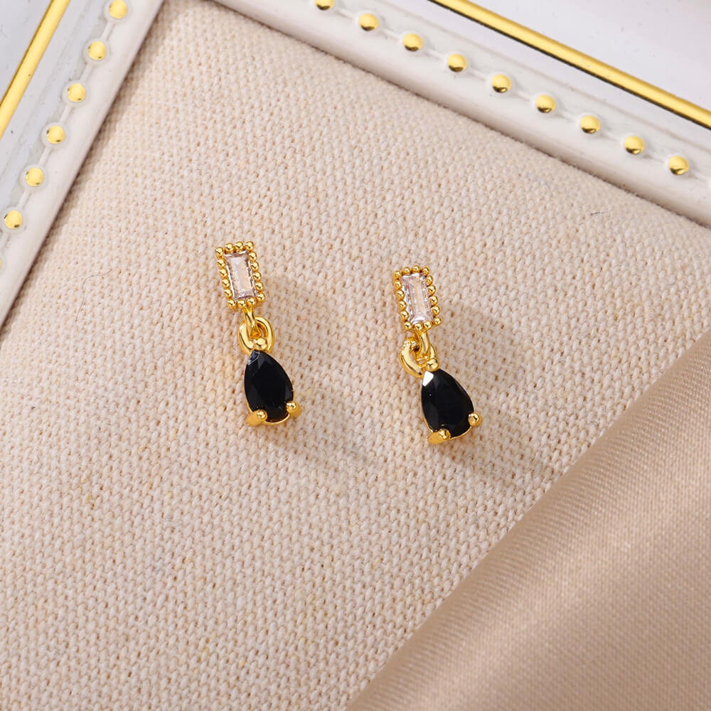 Black Raindrop Earrings, Cubic Zirconia Black Tear Drop Earrings, 18K Gold Earrings, Dainty Minimalist Jewelry, Gift for Her