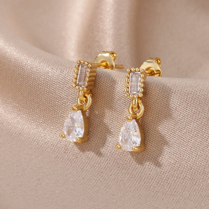 White Raindrop Earrings, Cubic Zirconia White Tear Drop Earrings, 18K Gold Earrings, Dainty Minimalist Jewelry, Gift for Her