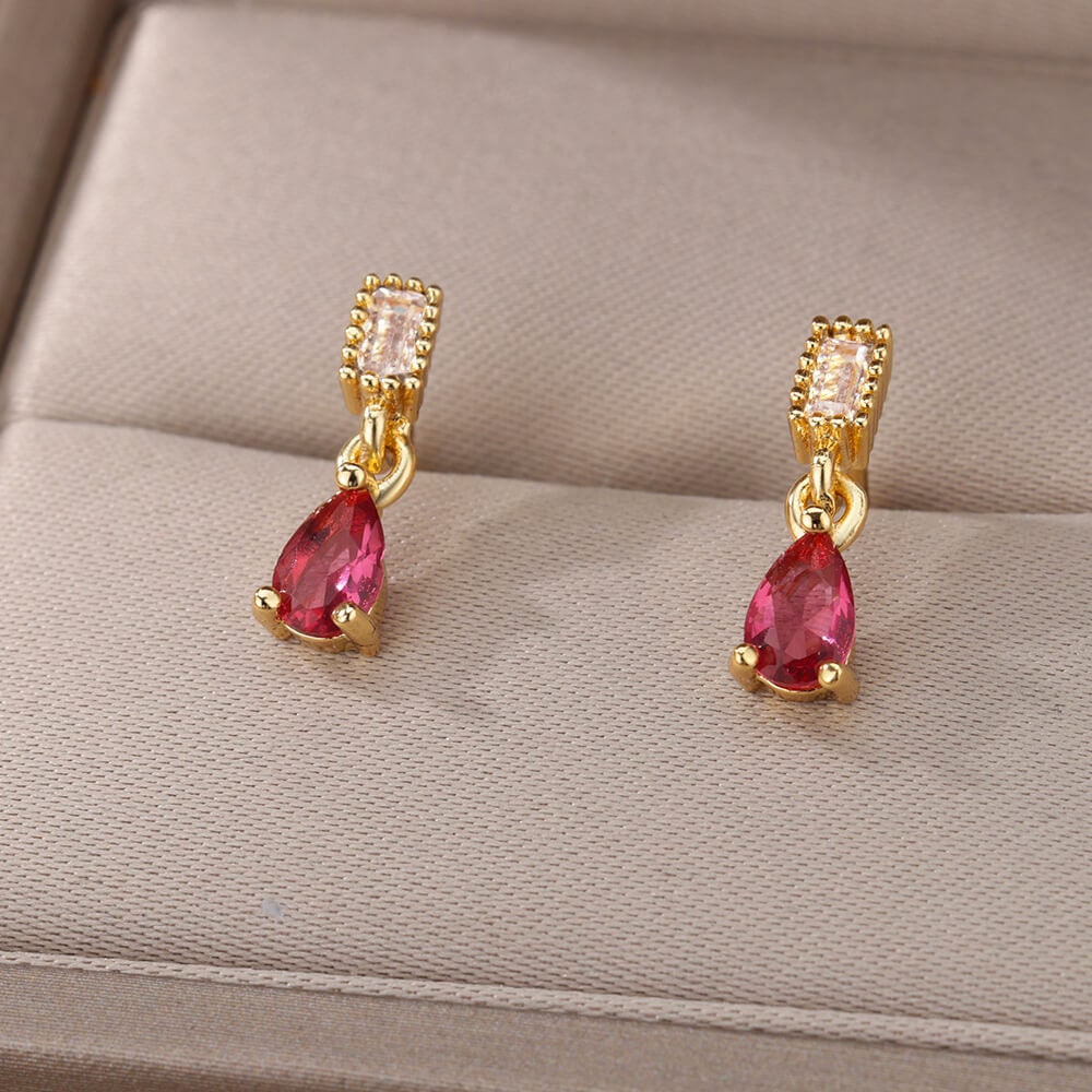 Rose Red Raindrop Earrings, Cubic Zirconia Rose Tear Drop Earrings, 18K Gold Earrings, Dainty Minimalist Jewelry, Gift for Her