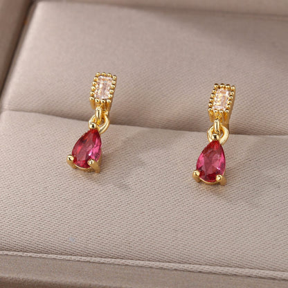 Rose Red Raindrop Earrings, Cubic Zirconia Rose Tear Drop Earrings, 18K Gold Earrings, Dainty Minimalist Jewelry, Gift for Her