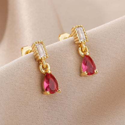 Rose Red Raindrop Earrings, Cubic Zirconia Rose Tear Drop Earrings, 18K Gold Earrings, Dainty Minimalist Jewelry, Gift for Her
