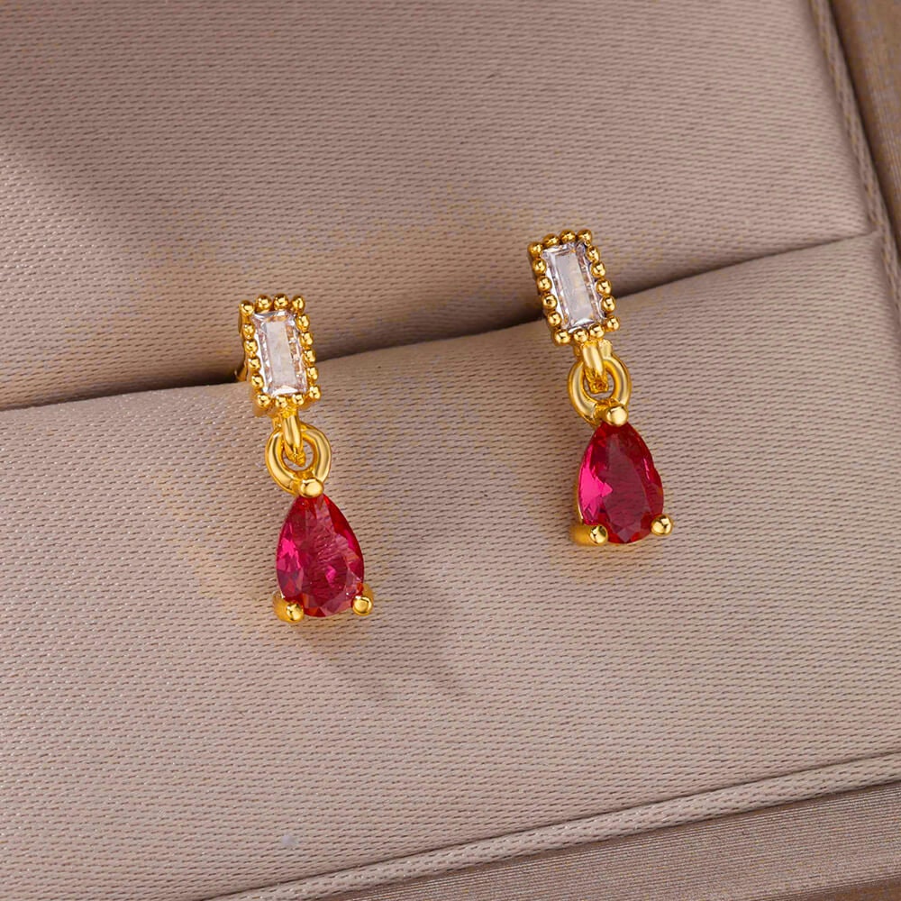 Rose Red Raindrop Earrings, Cubic Zirconia Rose Tear Drop Earrings, 18K Gold Earrings, Dainty Minimalist Jewelry, Gift for Her