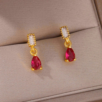 Rose Red Raindrop Earrings, Cubic Zirconia Rose Tear Drop Earrings, 18K Gold Earrings, Dainty Minimalist Jewelry, Gift for Her