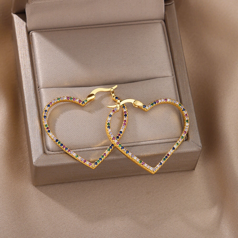 Gold Multicolor Heart Hoop Earrings, Cubic Zirconia Heart Dangle Earrings, 18K Gold Earrings, Dainty Minimalist, Cute Delicate, Gift for Her