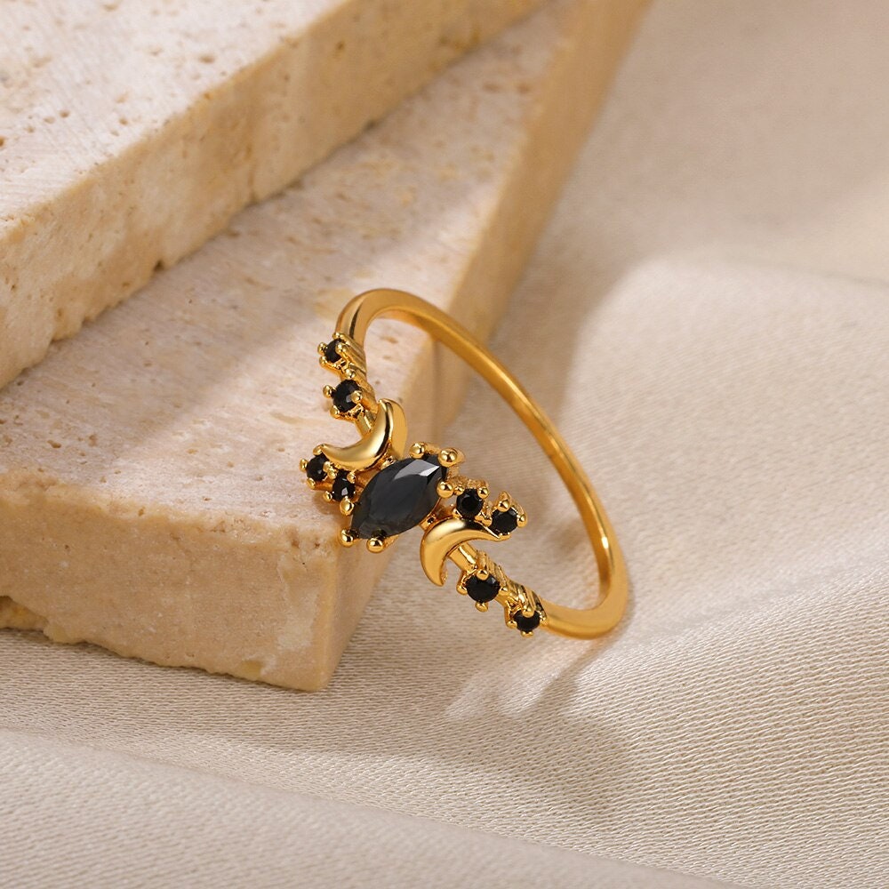 Punk Moon Ring, Gold Moon Ring, Boho Moon Ring, 18K Gold Moon Ring, Black Cubic Zirconia Ring, Punk Fashion Ring for Women, Gift for Her