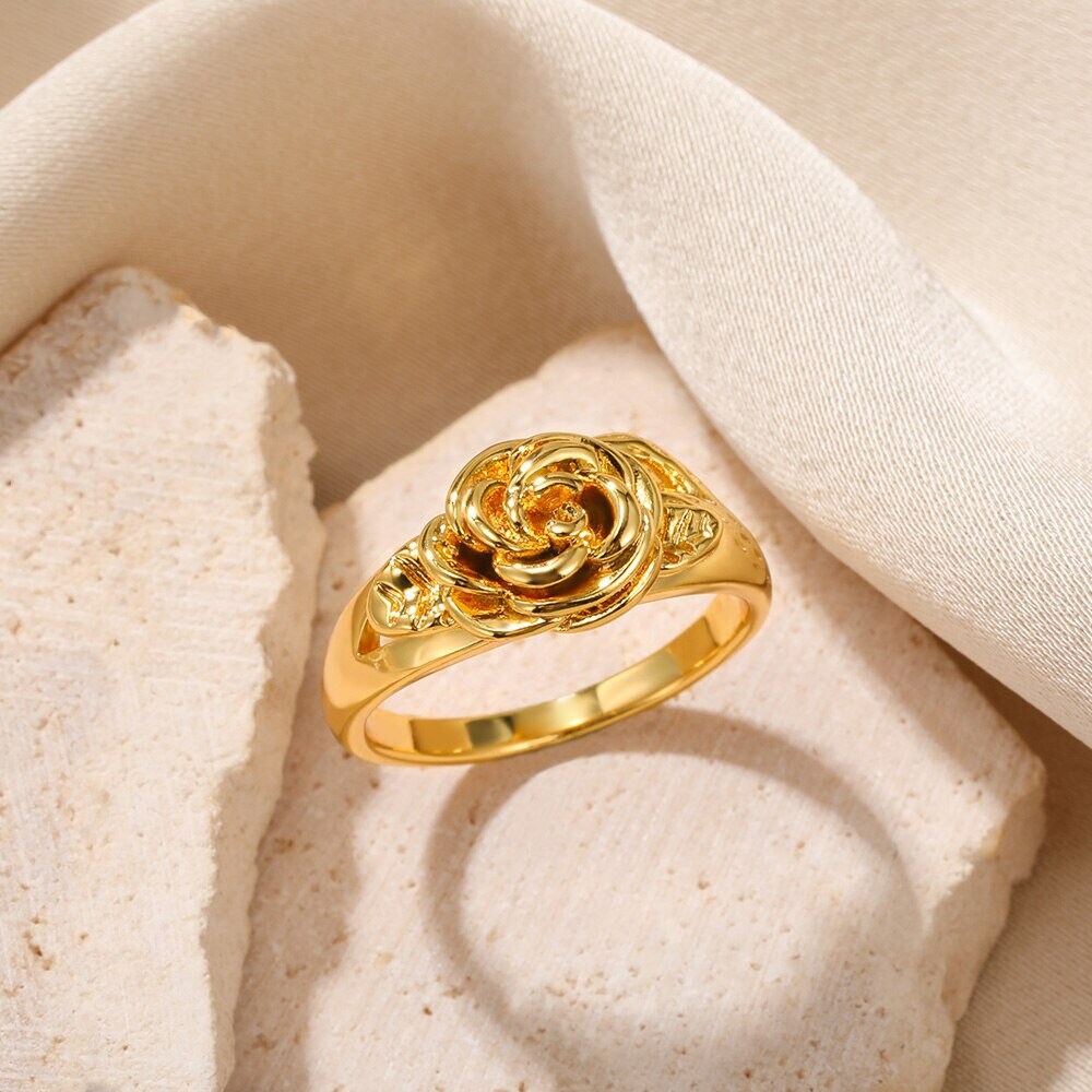 Punk Rose Ring, Gold Rose Ring, Boho Rose Ring, 18K Gold Rose Ring, Gold Flower Ring, Punk Fashion Ring for Women, Gift for Her