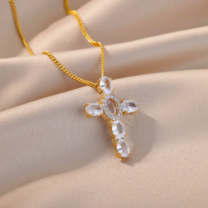 Gold Crystal Cross Necklace, 18K Gold Jesus Cubic Zirconia Pendant, Christian Cross, Religious Catholic Jewelry for Women, Gift for Her