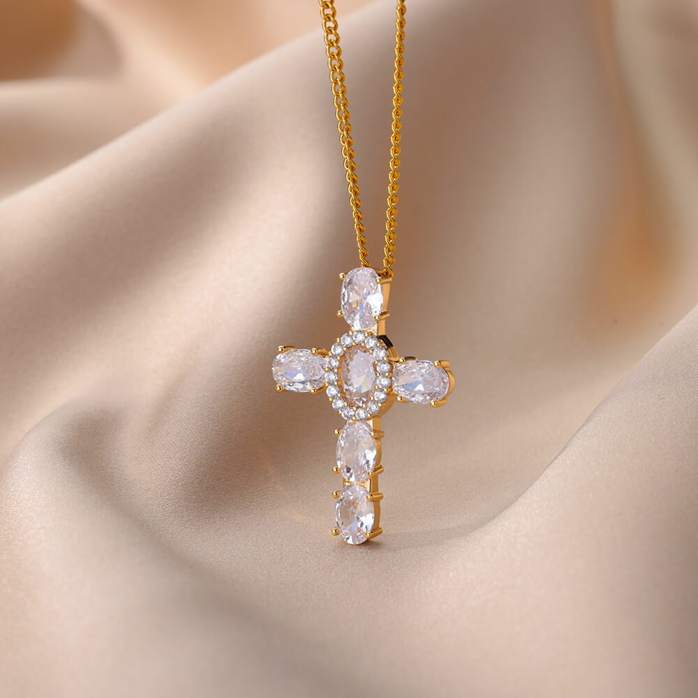 Gold Crystal Cross Necklace, 18K Gold Jesus Cubic Zirconia Pendant, Christian Cross, Religious Catholic Jewelry for Women, Gift for Her