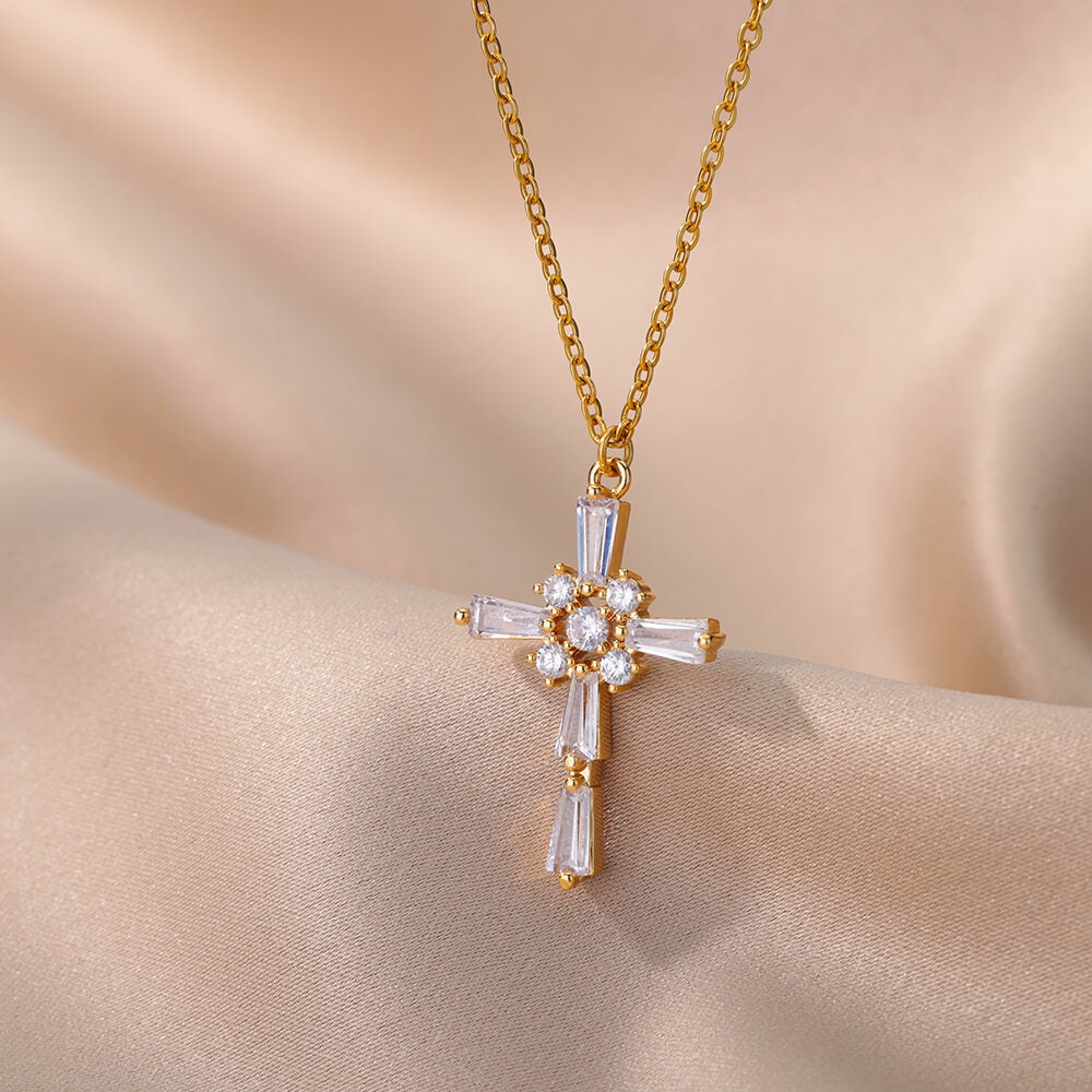 Gold Jesus Cross Necklace, 18K Gold Jesus Cubic Zirconia Pendant, Christian Cross, Religious Catholic Minimalist for Women, Gift for Her