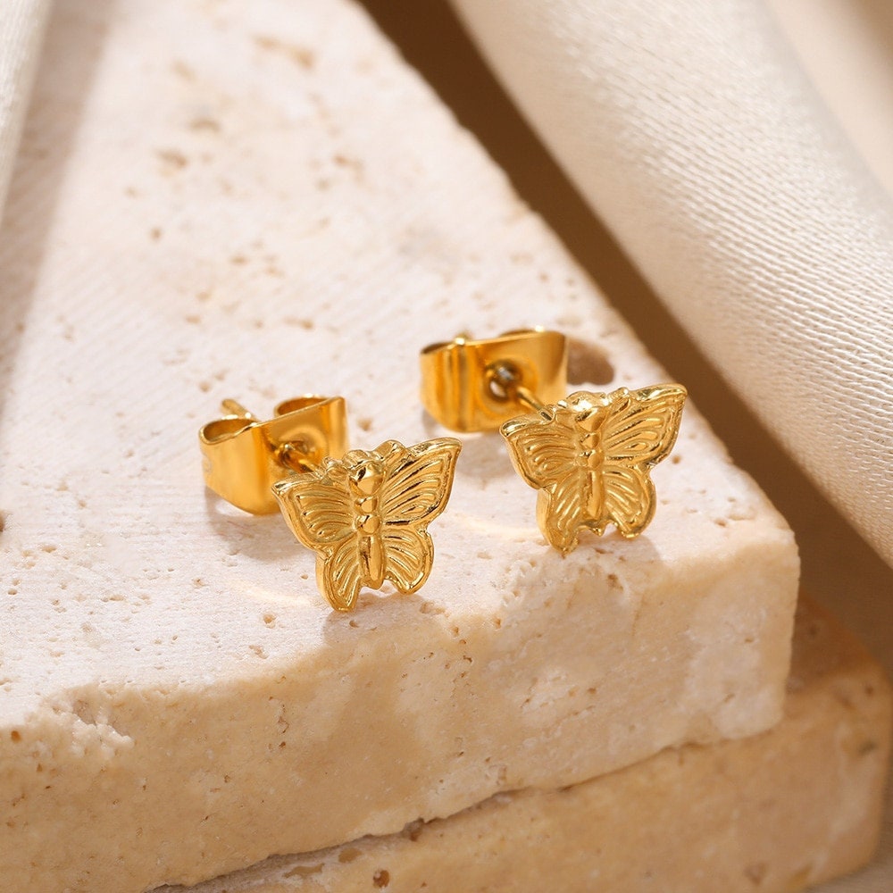 Boho Butterfly Studs Earrings, Punk Butterfly Studs Earrings, Gold Butterfly Earrings, 18K Gold, Dainty Minimalist for Women, Gift for Her