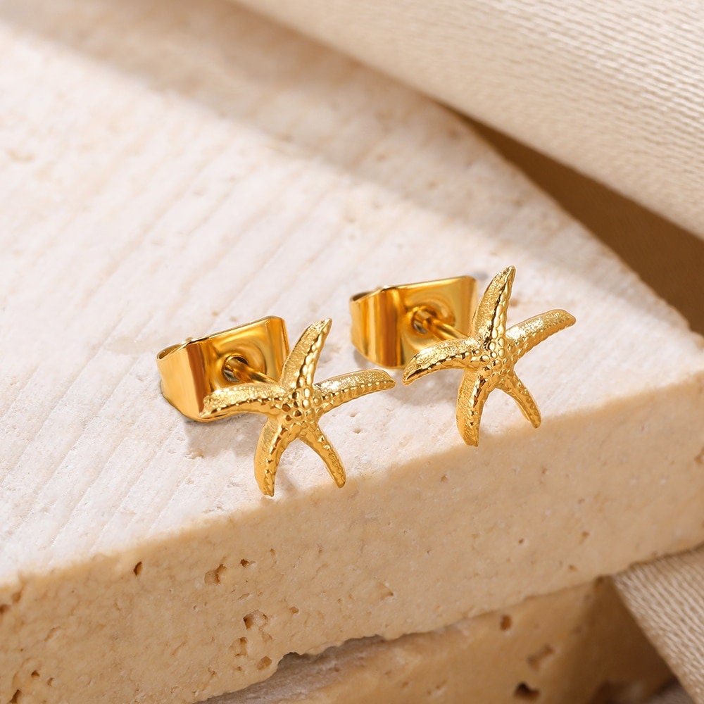 Boho Starfish Studs Earrings, Punk Starfish Studs Earrings, Gold Beach Earrings, 18K Gold, Dainty Minimalist for Women, Gift for Her