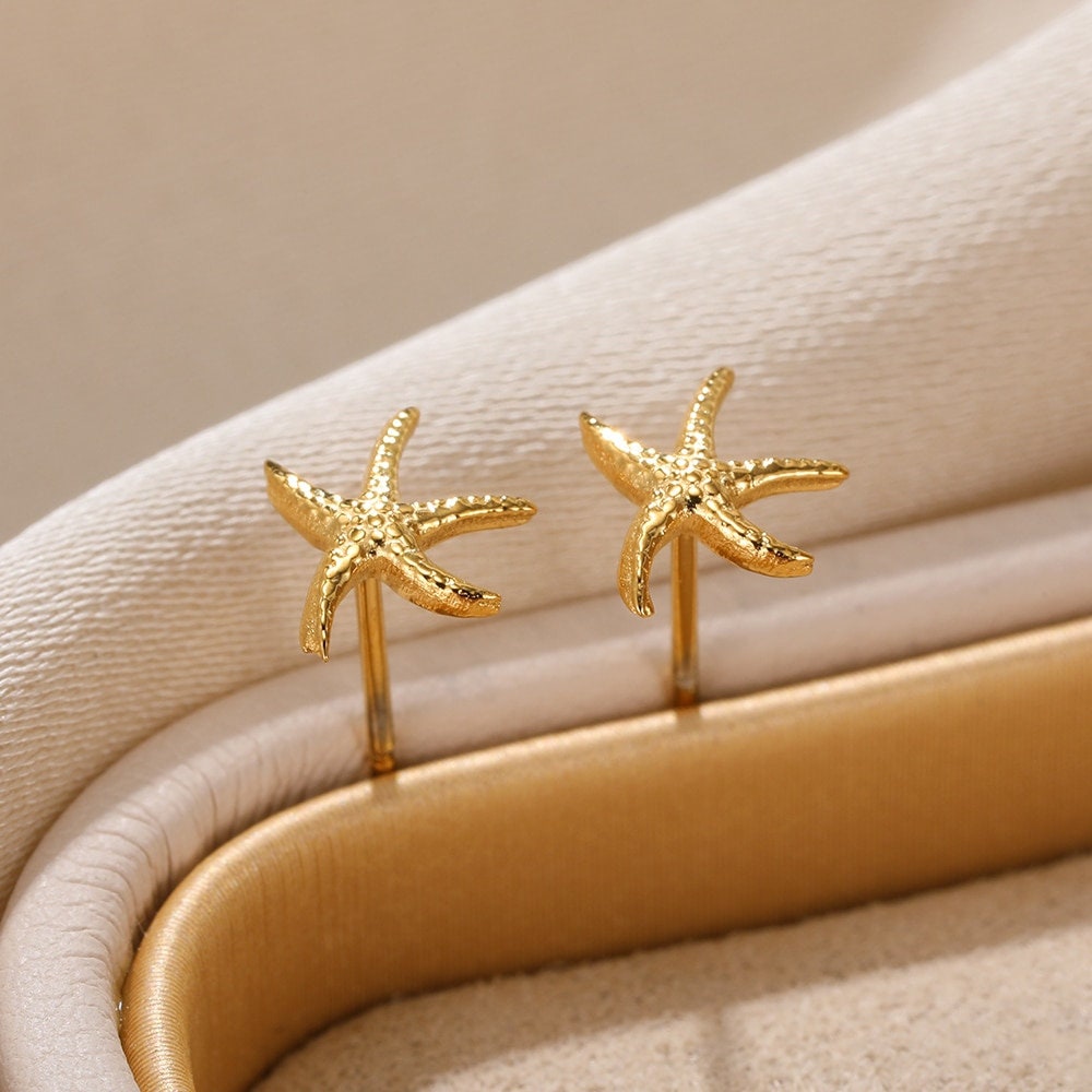 Boho Starfish Studs Earrings, Punk Starfish Studs Earrings, Gold Beach Earrings, 18K Gold, Dainty Minimalist for Women, Gift for Her