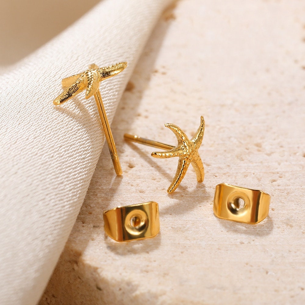 Boho Starfish Studs Earrings, Punk Starfish Studs Earrings, Gold Beach Earrings, 18K Gold, Dainty Minimalist for Women, Gift for Her