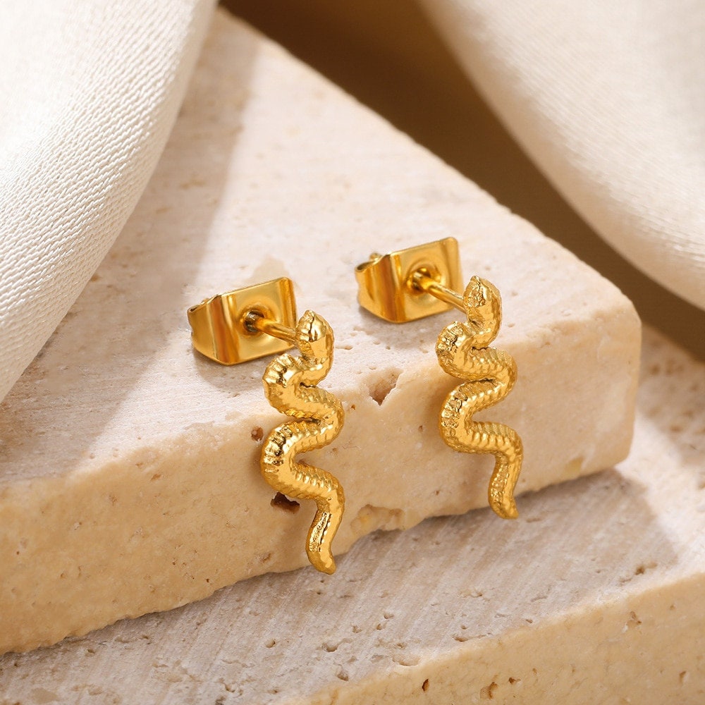 Boho Snake Studs Earrings, Punk Snake Studs Earrings, Gold Snake Earrings, 18K Gold Earrings, Dainty Minimalist for Women, Gift for Her