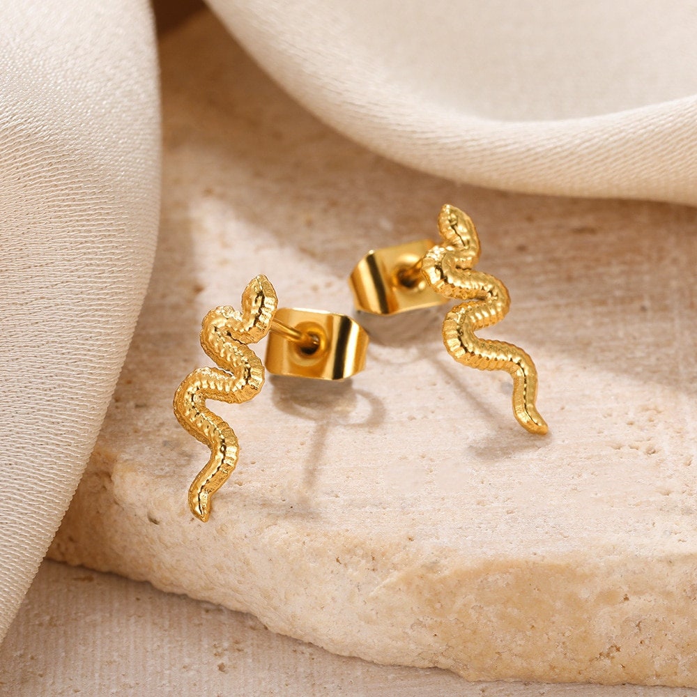 Boho Snake Studs Earrings, Punk Snake Studs Earrings, Gold Snake Earrings, 18K Gold Earrings, Dainty Minimalist for Women, Gift for Her