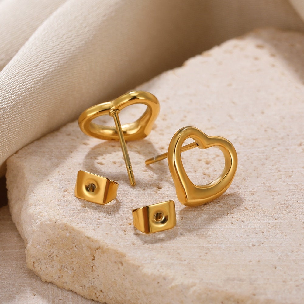 Boho Heart Studs Earrings, Punk Heart Studs Earrings, Gold Heart Earrings, 18K Gold Earrings, Dainty Minimalist for Women, Gift for Her