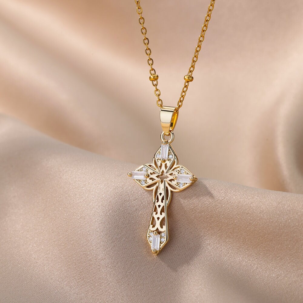 Gold Catholic Cross Necklace, 18K Gold Jesus Cubic Zirconia Pendant, Christian Cross, Religious Gothic for Women, Gift for Her