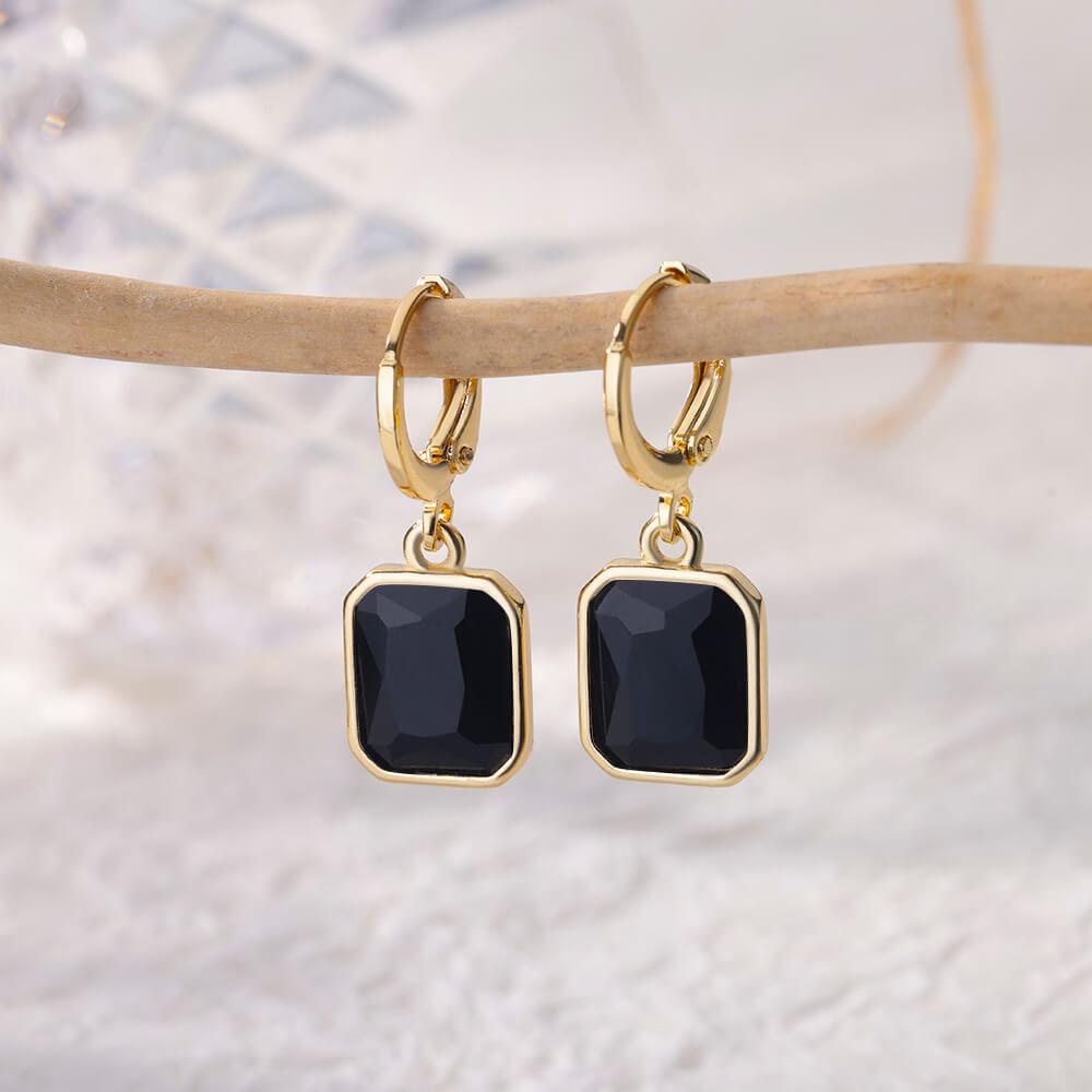 Cubic Zirconia Square Drop Earrings, Gold Square Drop Earrings, Black Cubic Zirconia Square Earrings, Dainty Minimalist Jewelry for Women