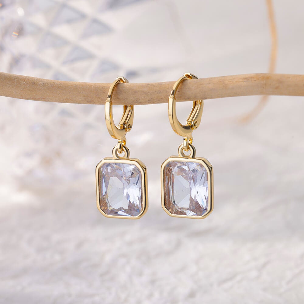 Cubic Zirconia Square Drop Earrings, Gold Square Drop Earrings, White Cubic Zirconia Square Earrings, Dainty Minimalist Jewelry for Women