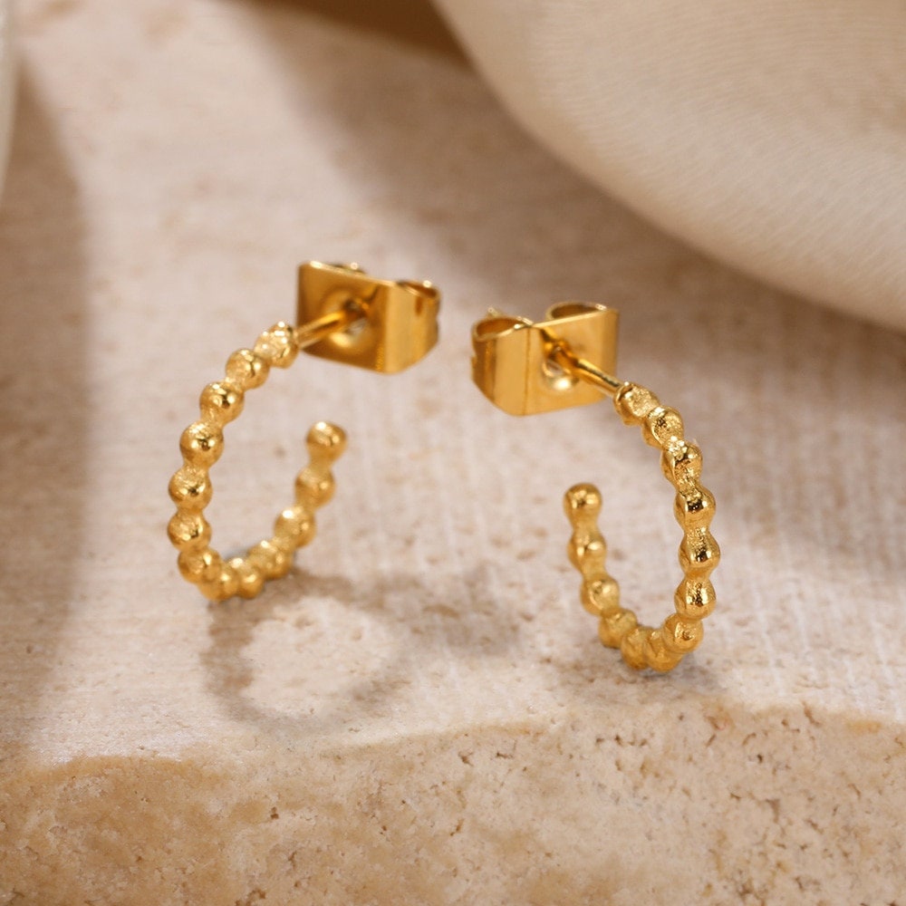 Boho Beads Studs Earrings, Punk Beads Studs Earrings, Gold Heart Earrings, 18K Gold Earrings, Dainty Minimalist for Women, Gift for Her