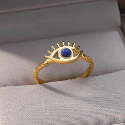 Evil Eye Ring, 18K Gold Evil Eye Ring, Evil Eye Blue Moonstone Ring, Gothic Delicate Minimalist Ring for Women, Punk Handmade, Gift for Her