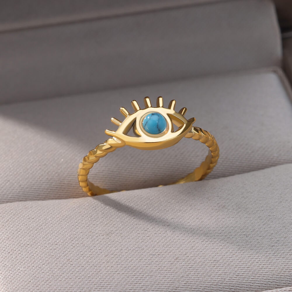 Evil Eye Ring, 18K Gold Evil Eye Ring, Evil Eye Light Blue Moonstone Ring, Gothic Delicate Minimalist Ring for Women, Gift for Her