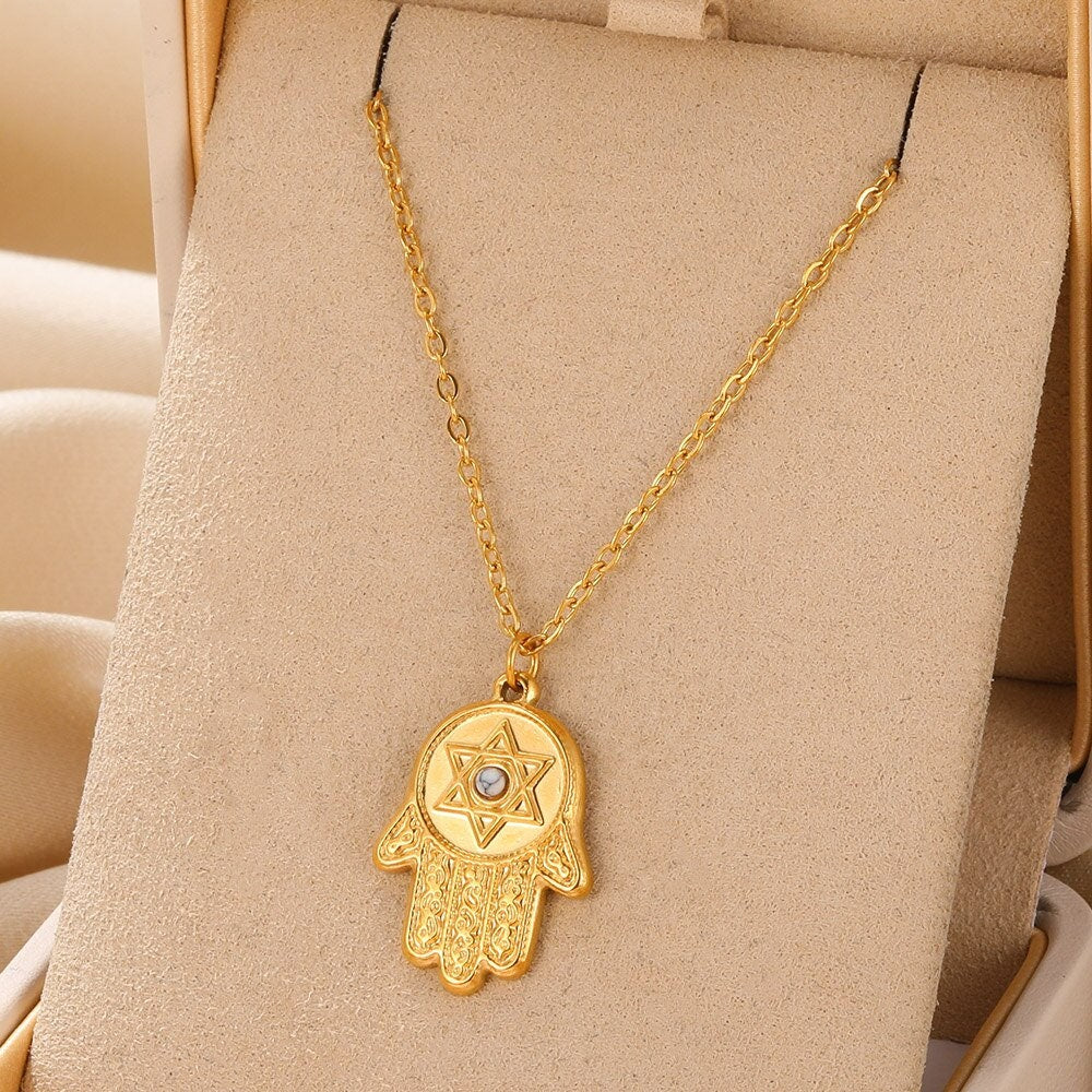 Punk Hamsa Pendant, Hamsa Evil Eye Pendant, Gold Hamsa Pendant, 18K Gold Necklace, Hamsa Evil Eye Protection Amulet for Women, Gift for Her