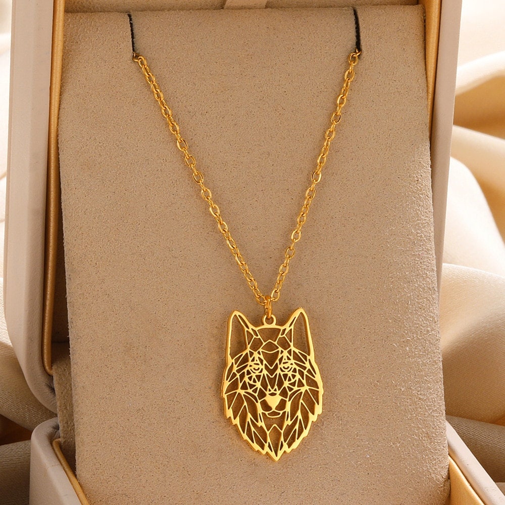 Punk Cute Abstract Wolf Pendant, Gold Wolf Necklace, 18K Gold, Origami Dainty Minimalist Wolf Jewelry for Women, Gift for Her