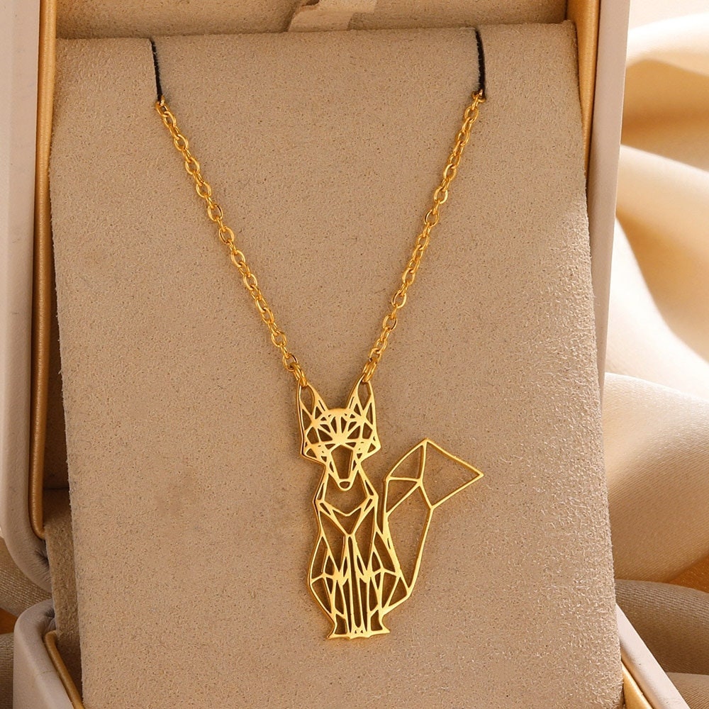 Punk Cute Abstract Fox Pendant, Gold Fox Necklace, 18K Gold, Origami Dainty Minimalist Fox Jewelry for Women, Gift for Her