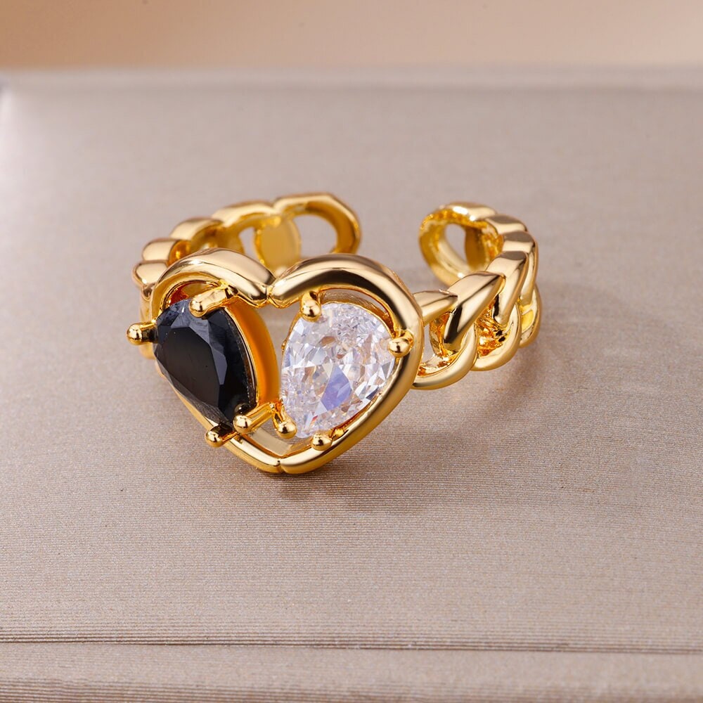 Punk Gold Heart White & Black Ring, Boho Cubic Zirconia Double Heart Ring, 18K Gold Heart Ring, Dainty Minimalist for Women, Gift for Her